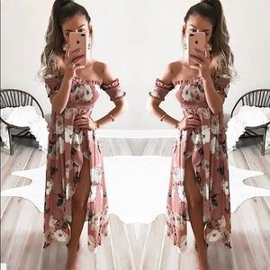 Boho Floral Off Shoulder Maxi Dress Rose Pink